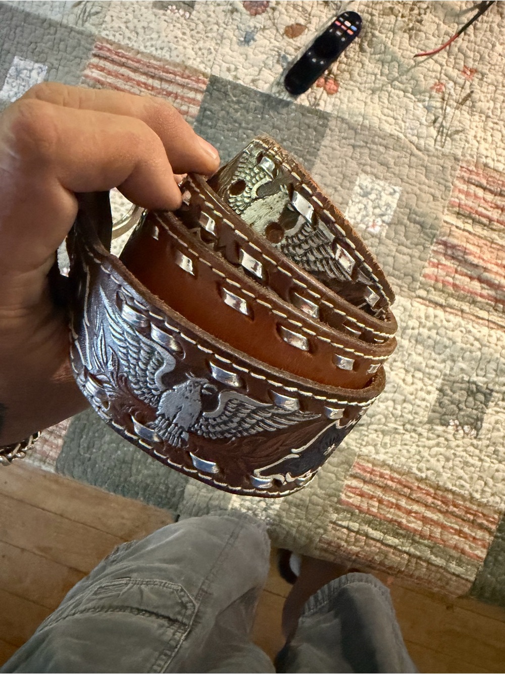 Brown Embossed Leather Eagle Belt with Silver Accents